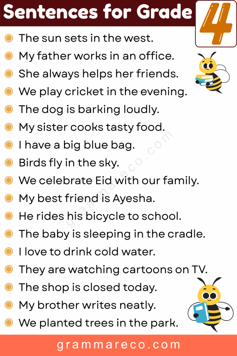 200+ Basic Sentences for Grade 4 Easy to Read with Pictures ...