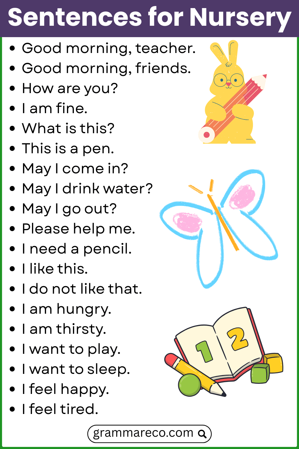 Easy Daily Used Sentences for Preschool for Kids