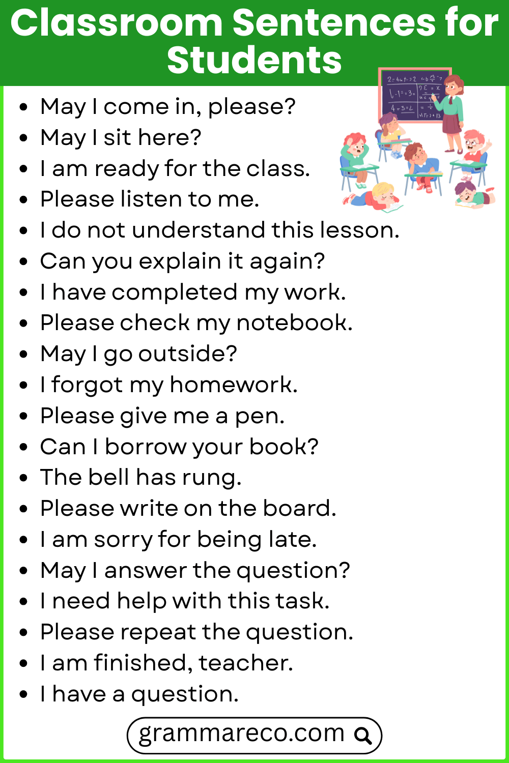 List of Basic Classroom Sentences for Students
