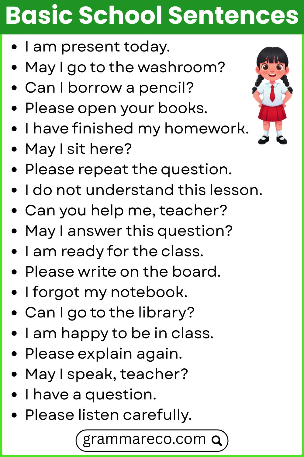 Useful School Sentences in English with their Images