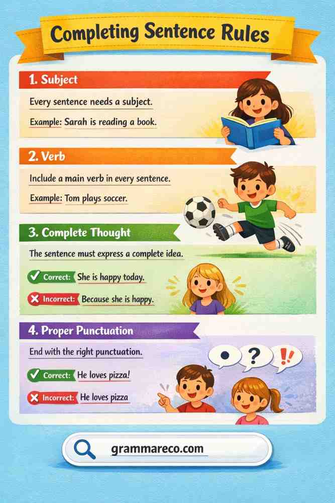 5 Basic Completing Sentences Rules Chart