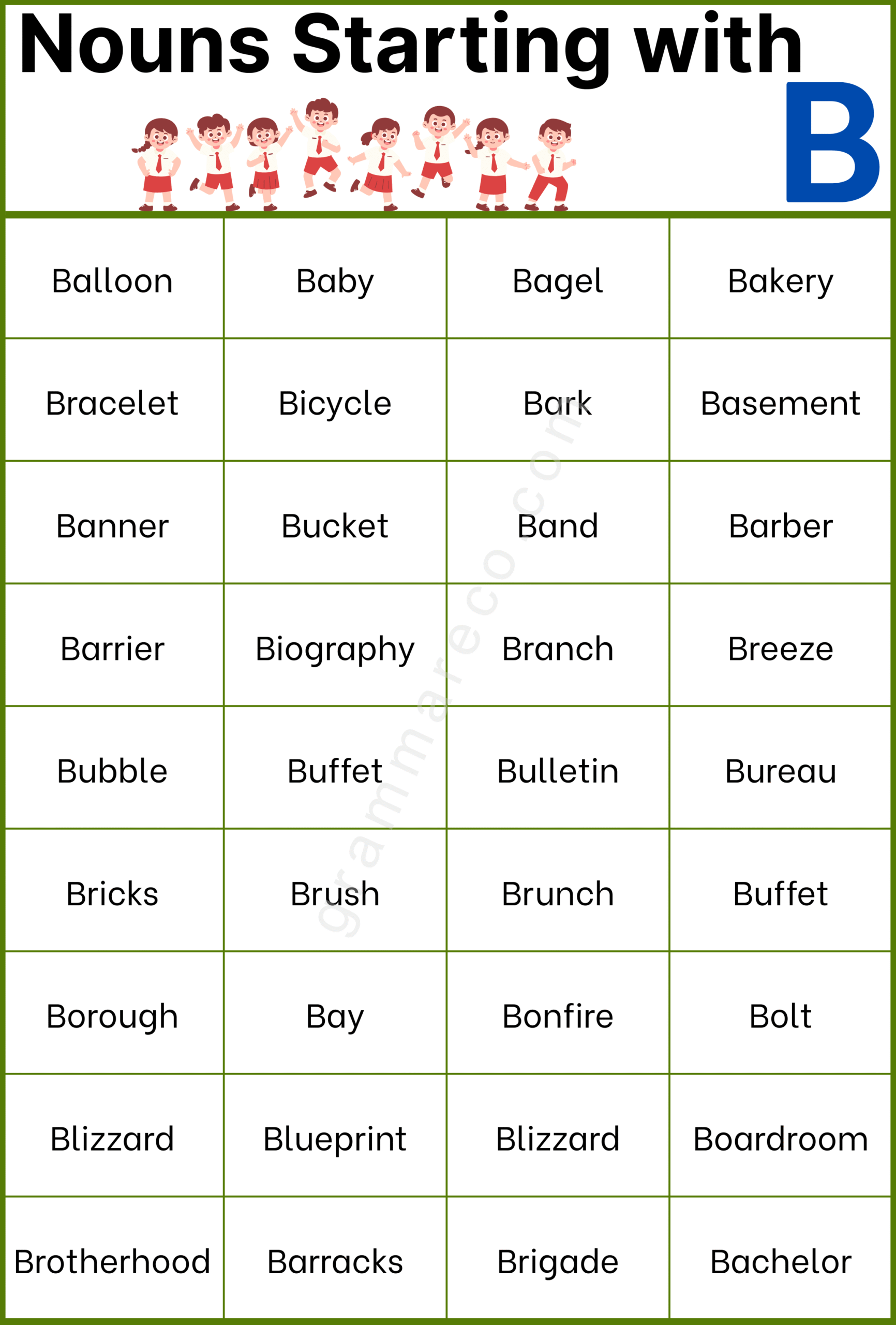 A list of Nouns that Start with B Examples