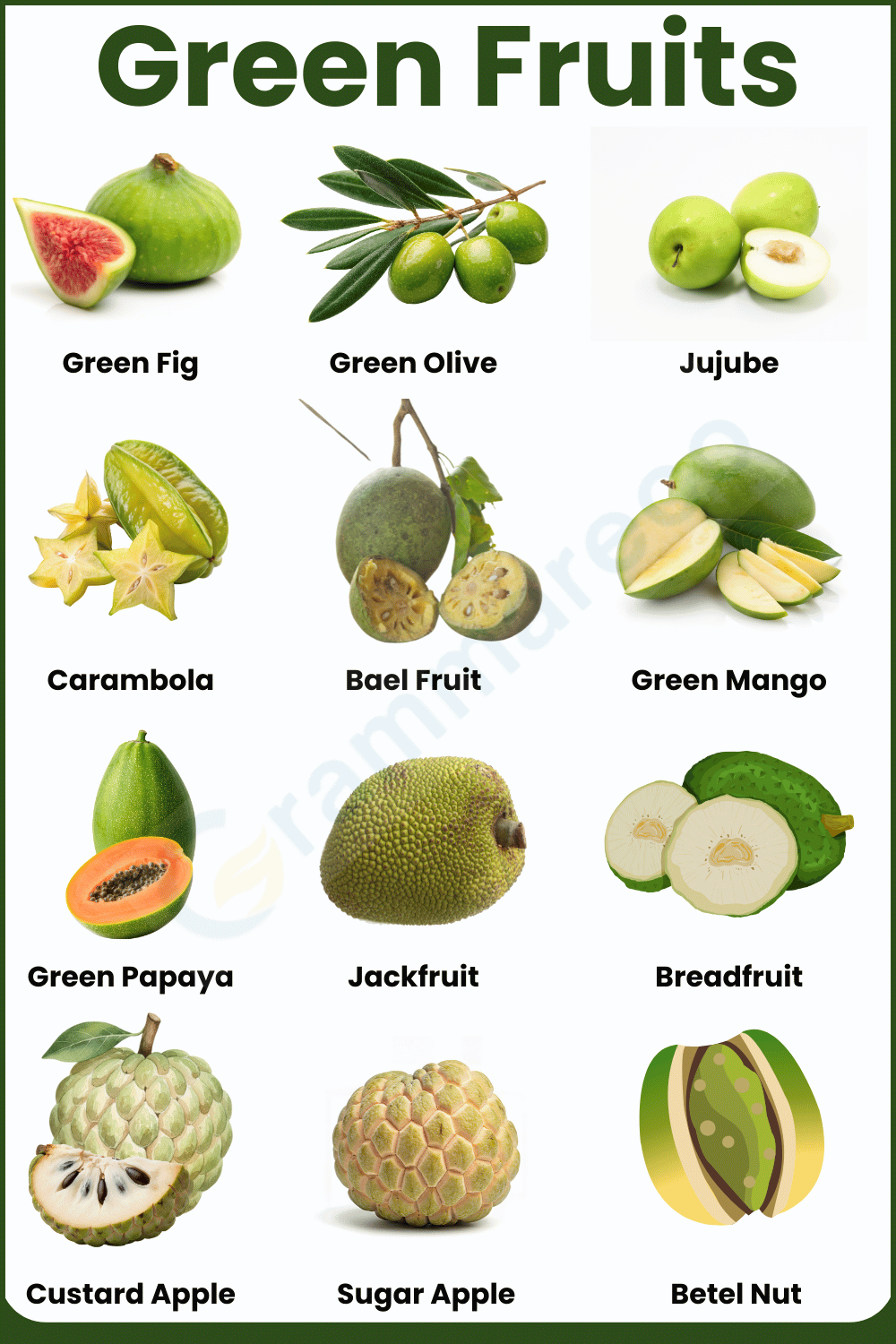 List of Green Color Fruit Names with Pictures