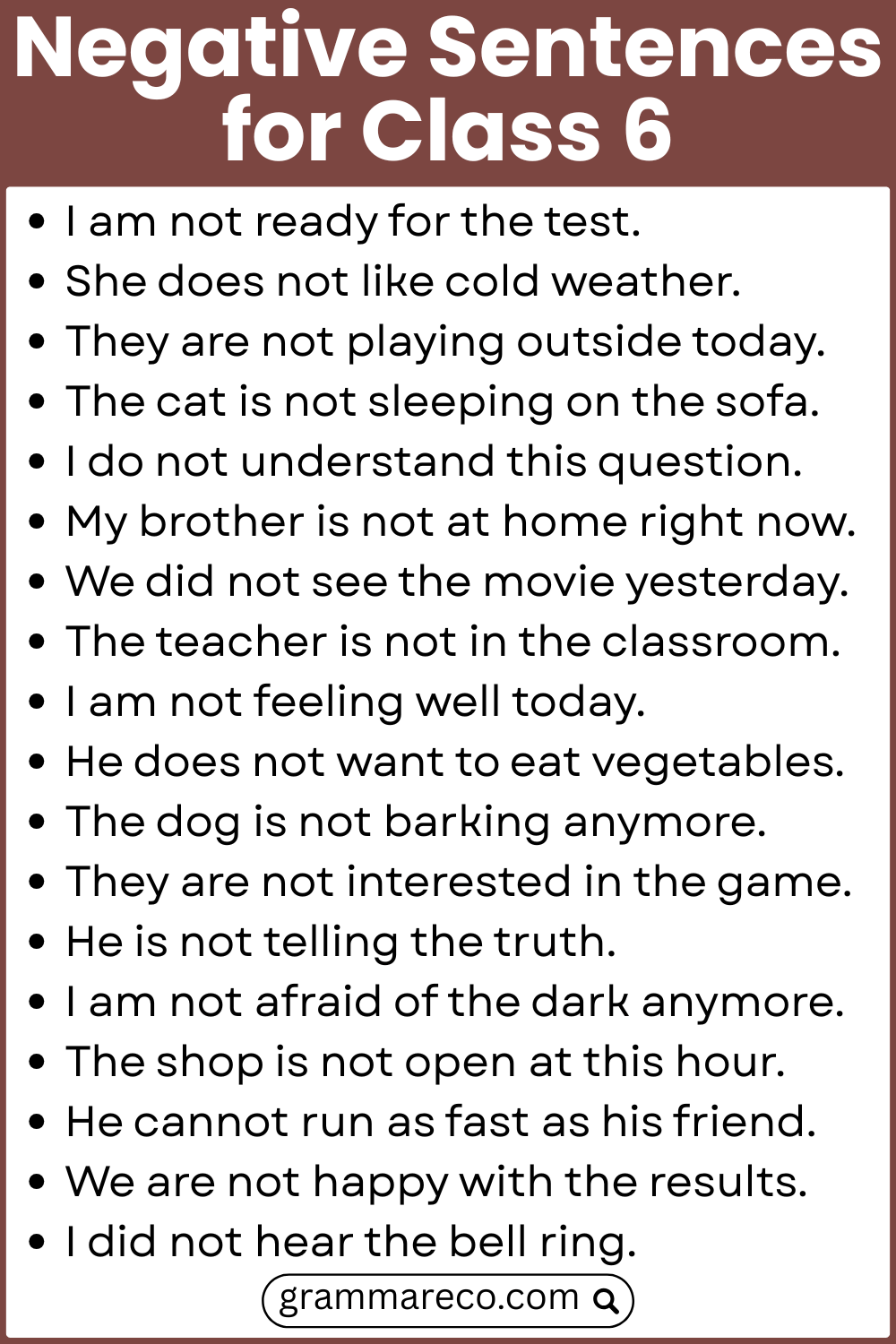 Negative Sentences for Class 6 in English
