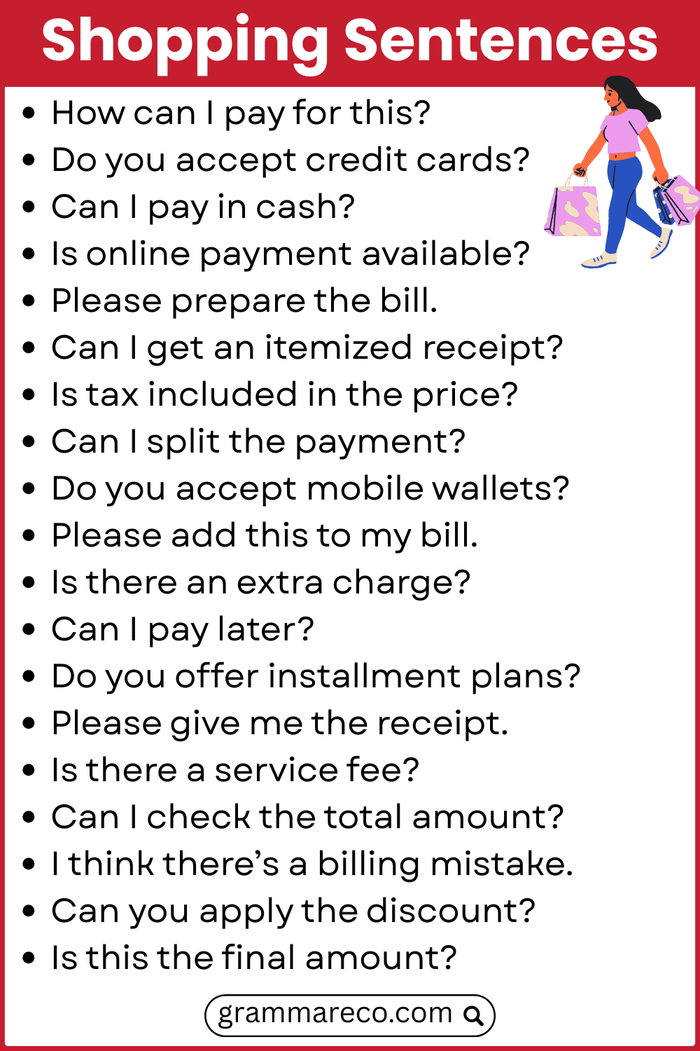 Shopping Sentences for Payment and Billing