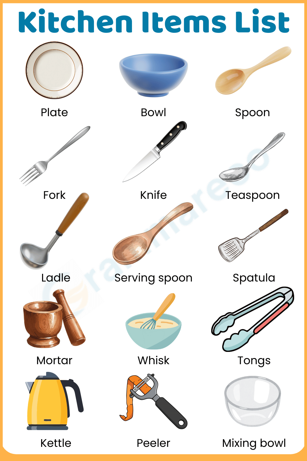 100+ Kitchen Item and Tools with their Pictures