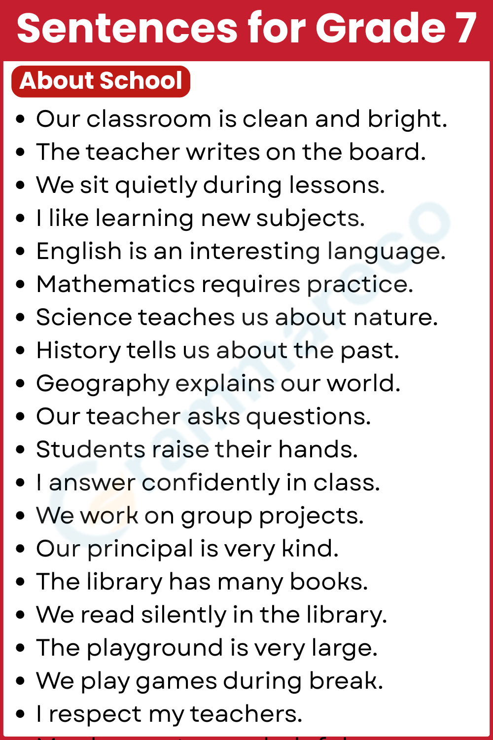 School Sentences List for Grade 7