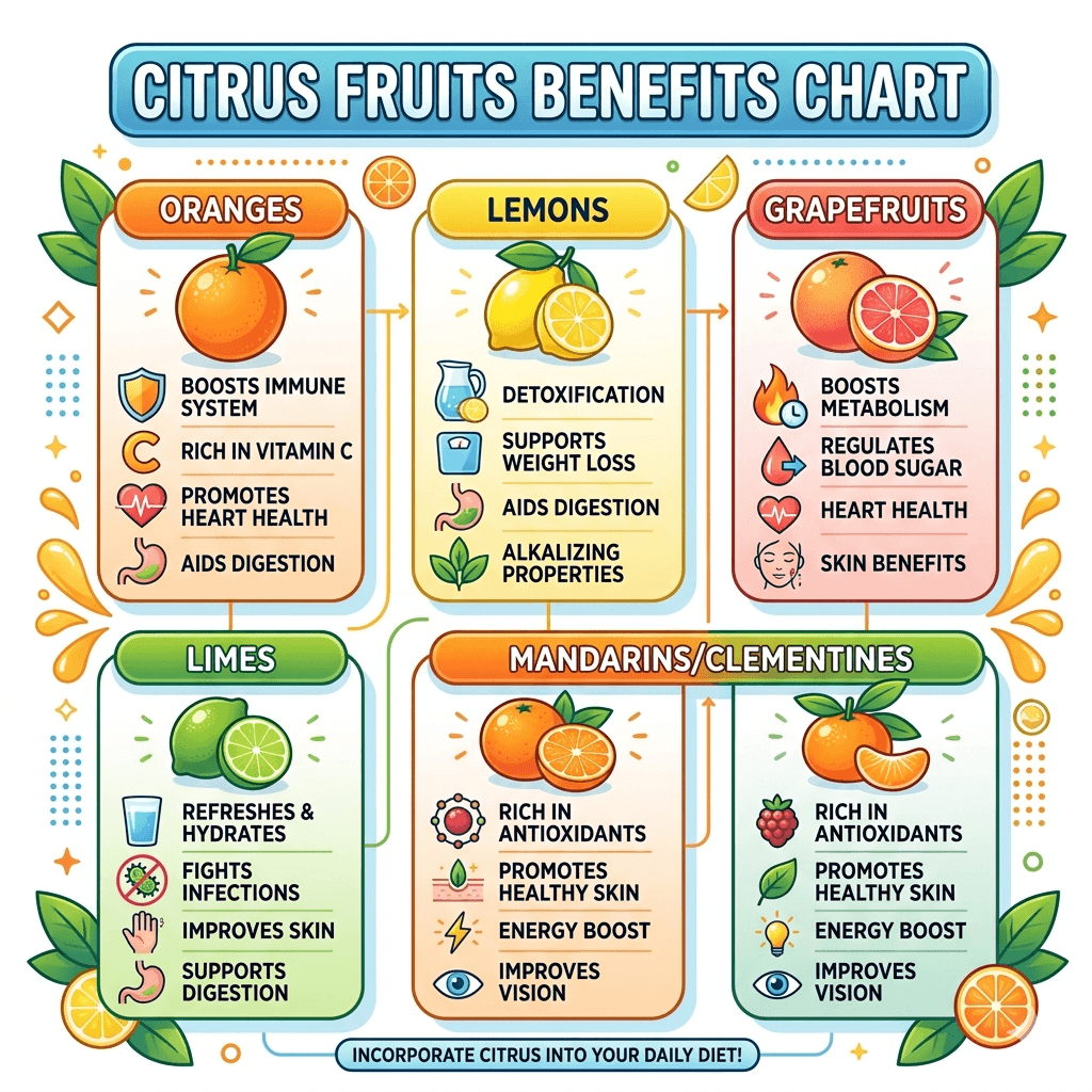 Healthy Citrus Fruit Family with Benefits Chart