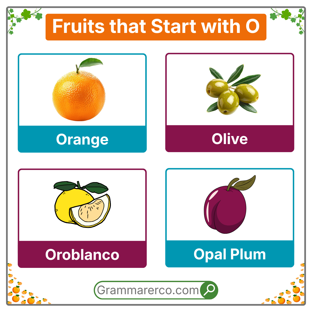 Fruit Begins with O, Orange, Olive, Oroblanco, opal plum