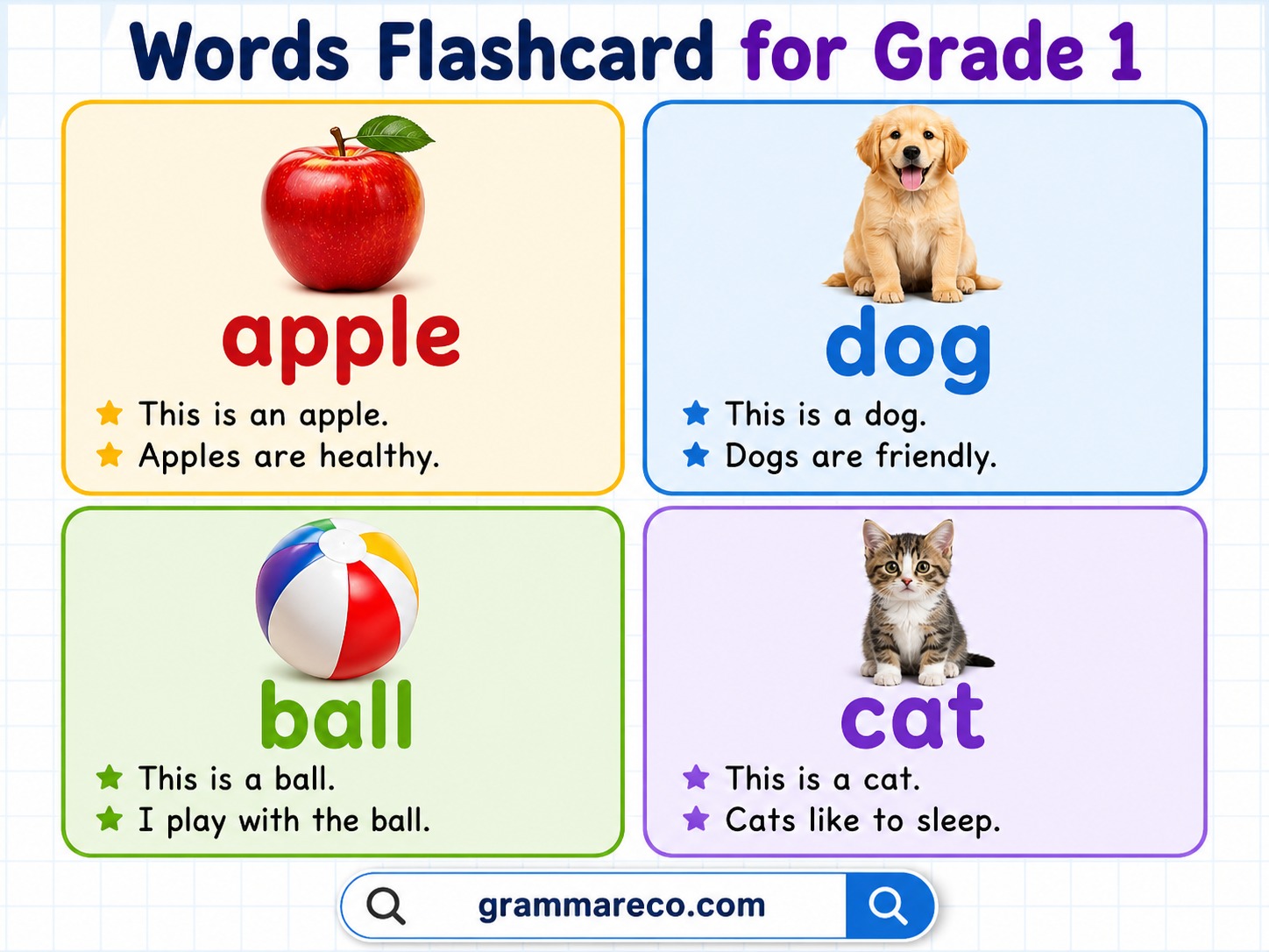 Spelling Vocabulary Words Flashcards for Kids with Sentences