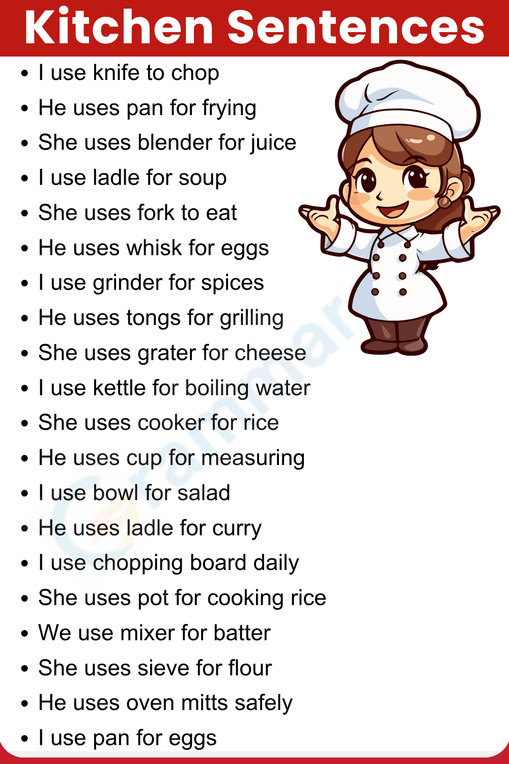 English Sentence for Kitchen Tools Usage