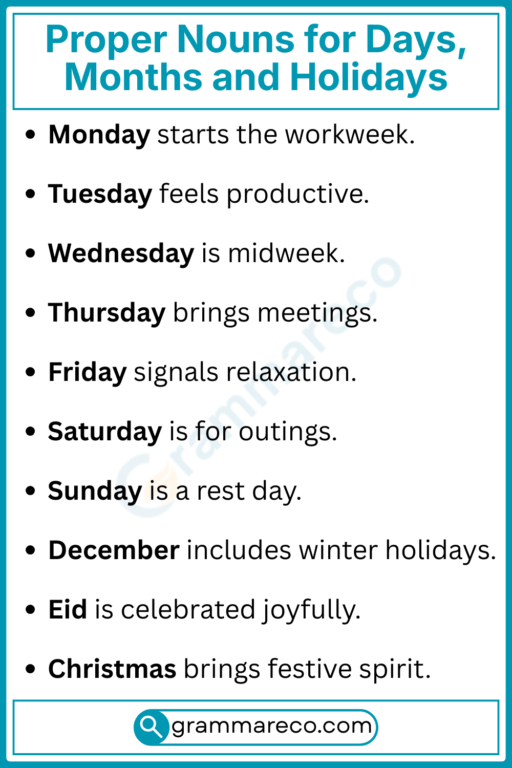 Proper Nouns Example for Days, Months and Holidays
