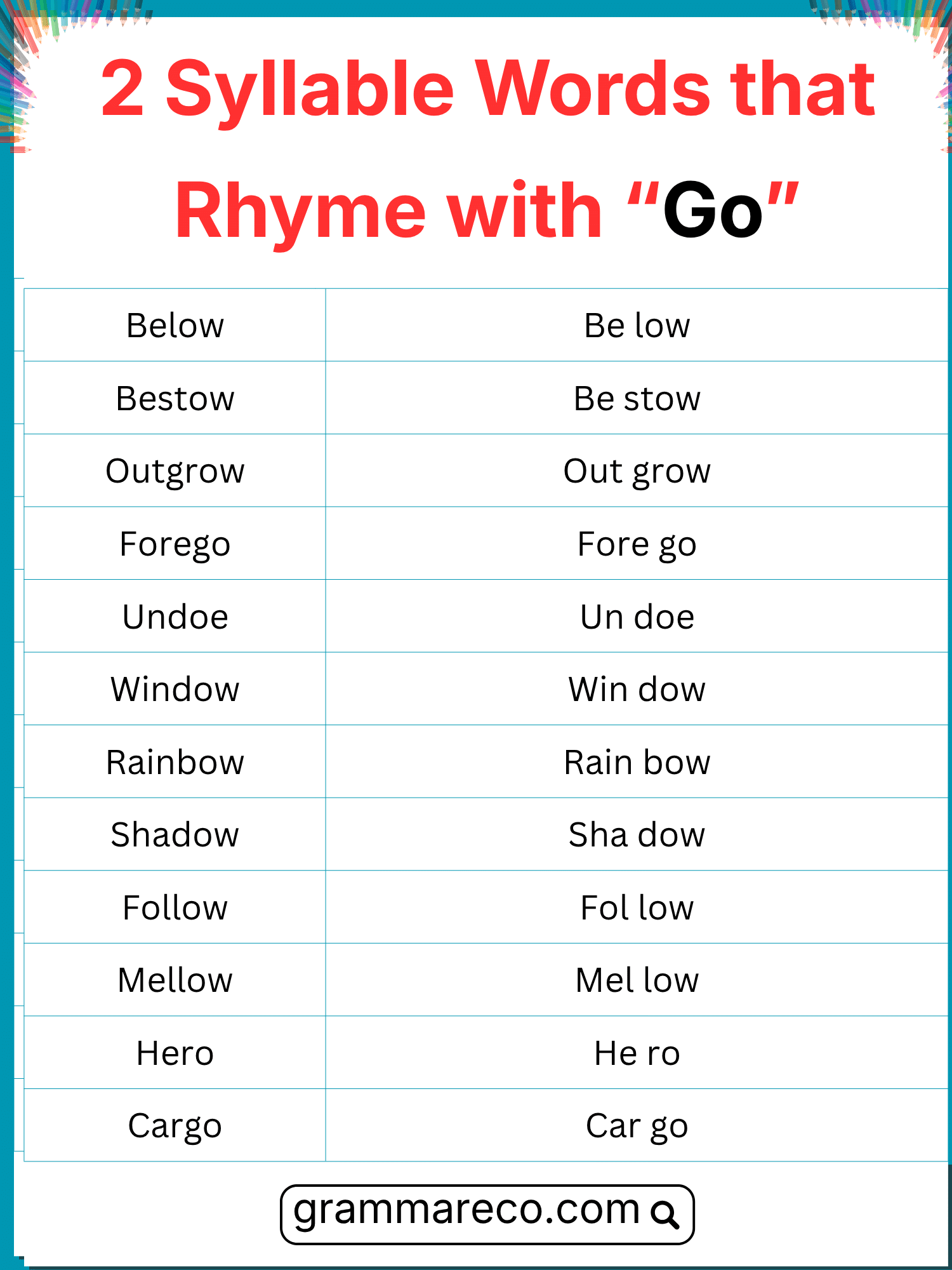 Two Syllable Words that Rhyme to Go with Examples