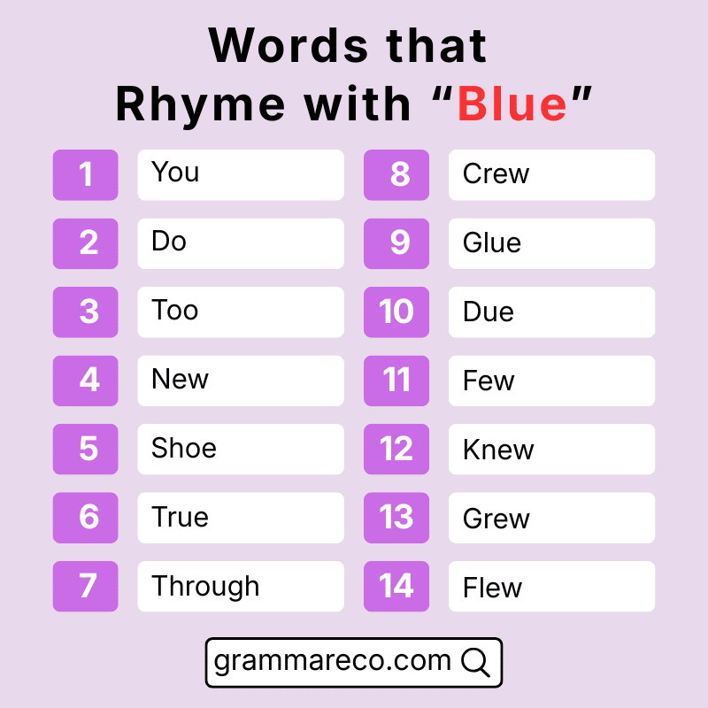 List of Rhyming Words with Blue in English