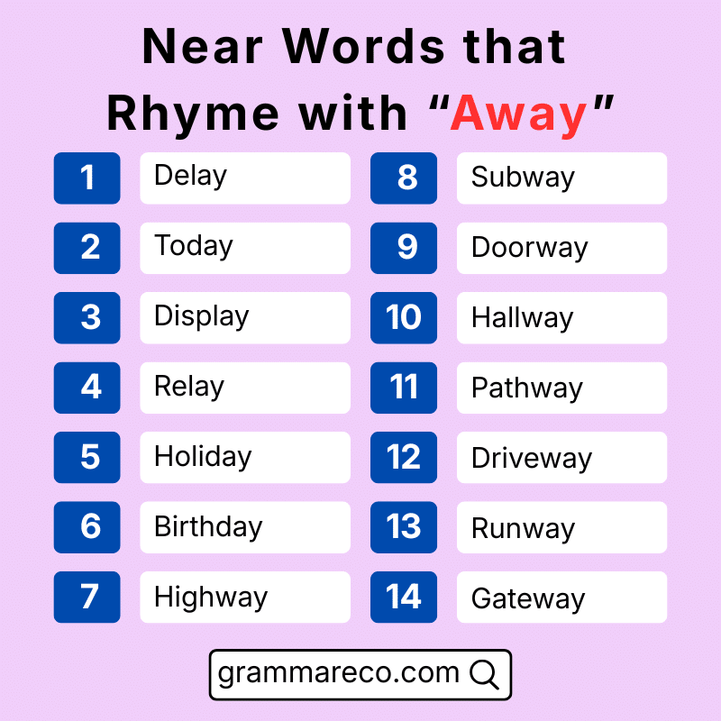 Near and Slant Rhyme Words with Away
