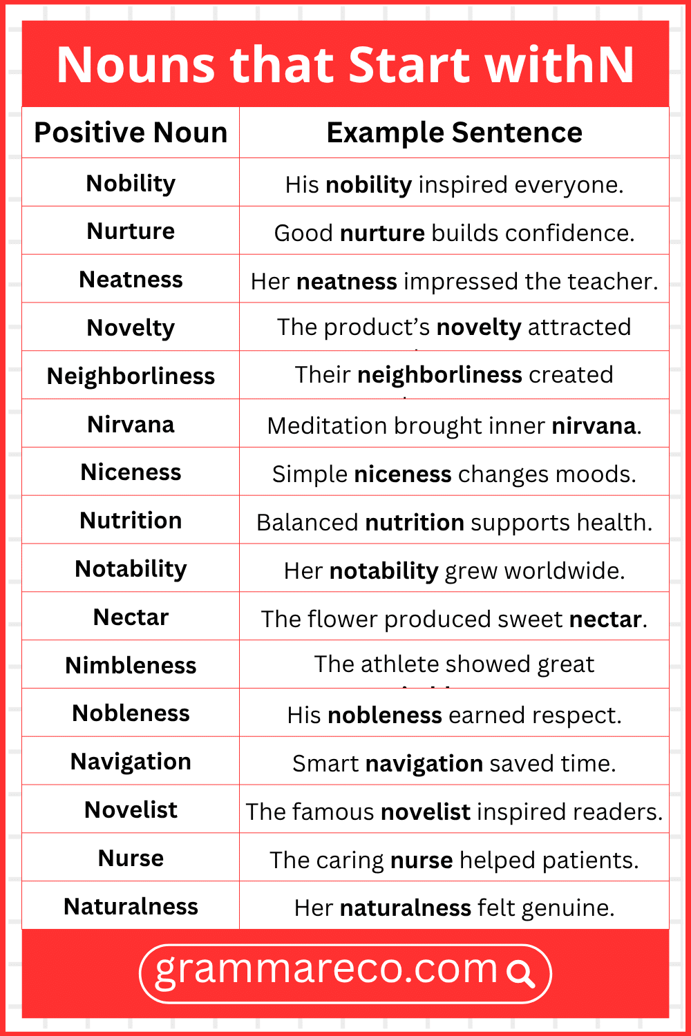 Positive Nouns Beginning with N with Examples