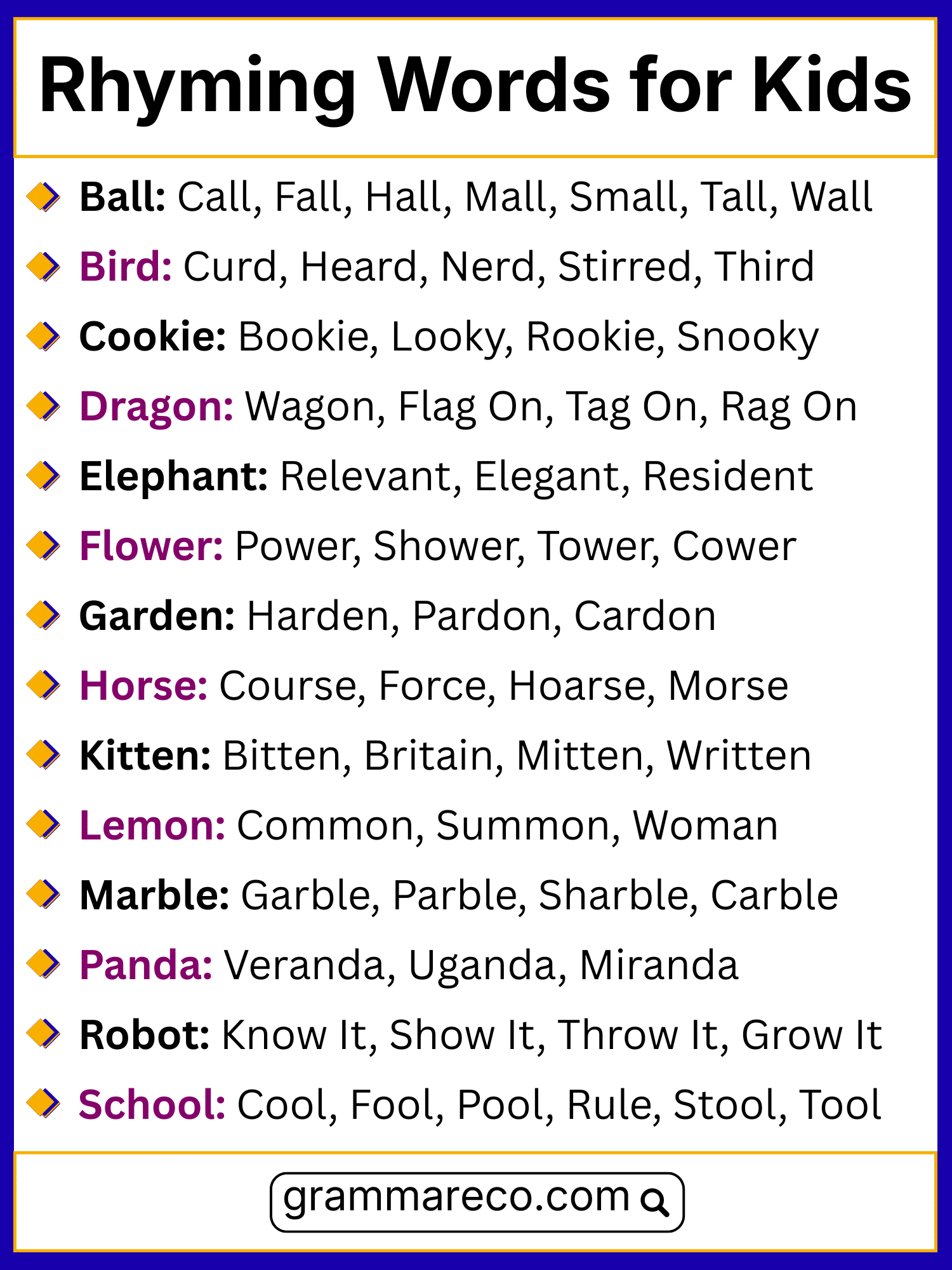 Essential Rhymes List for Kids in English