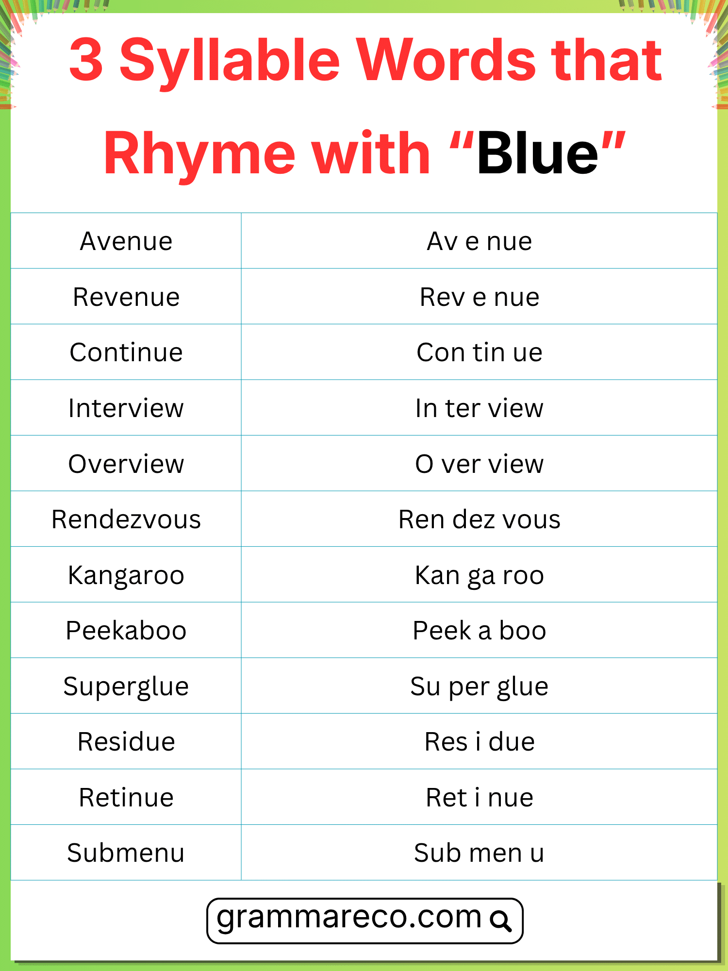 Rhyming Words for Blue Three Syllable