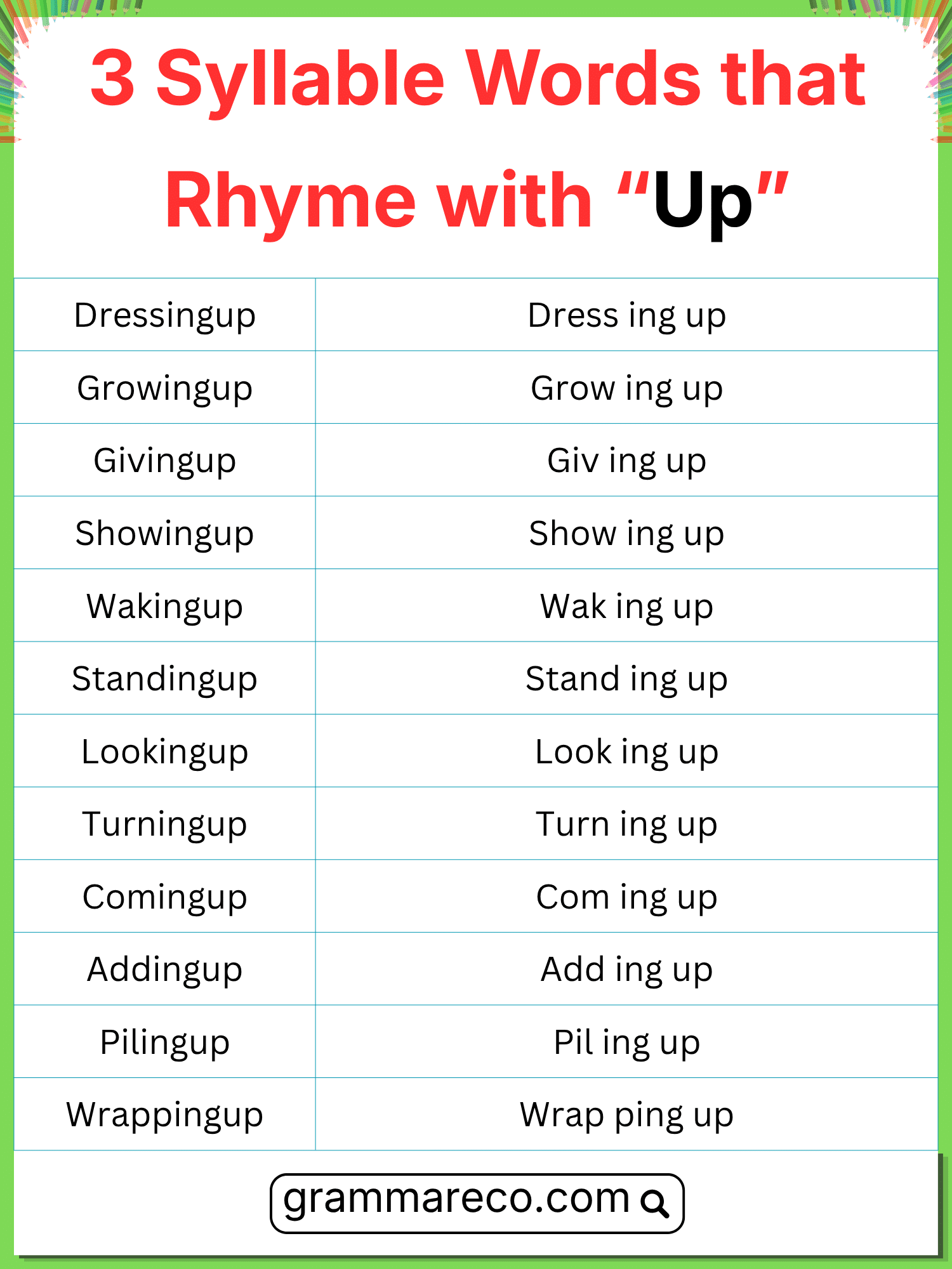 Three Syllable Words that Rhyme with Up