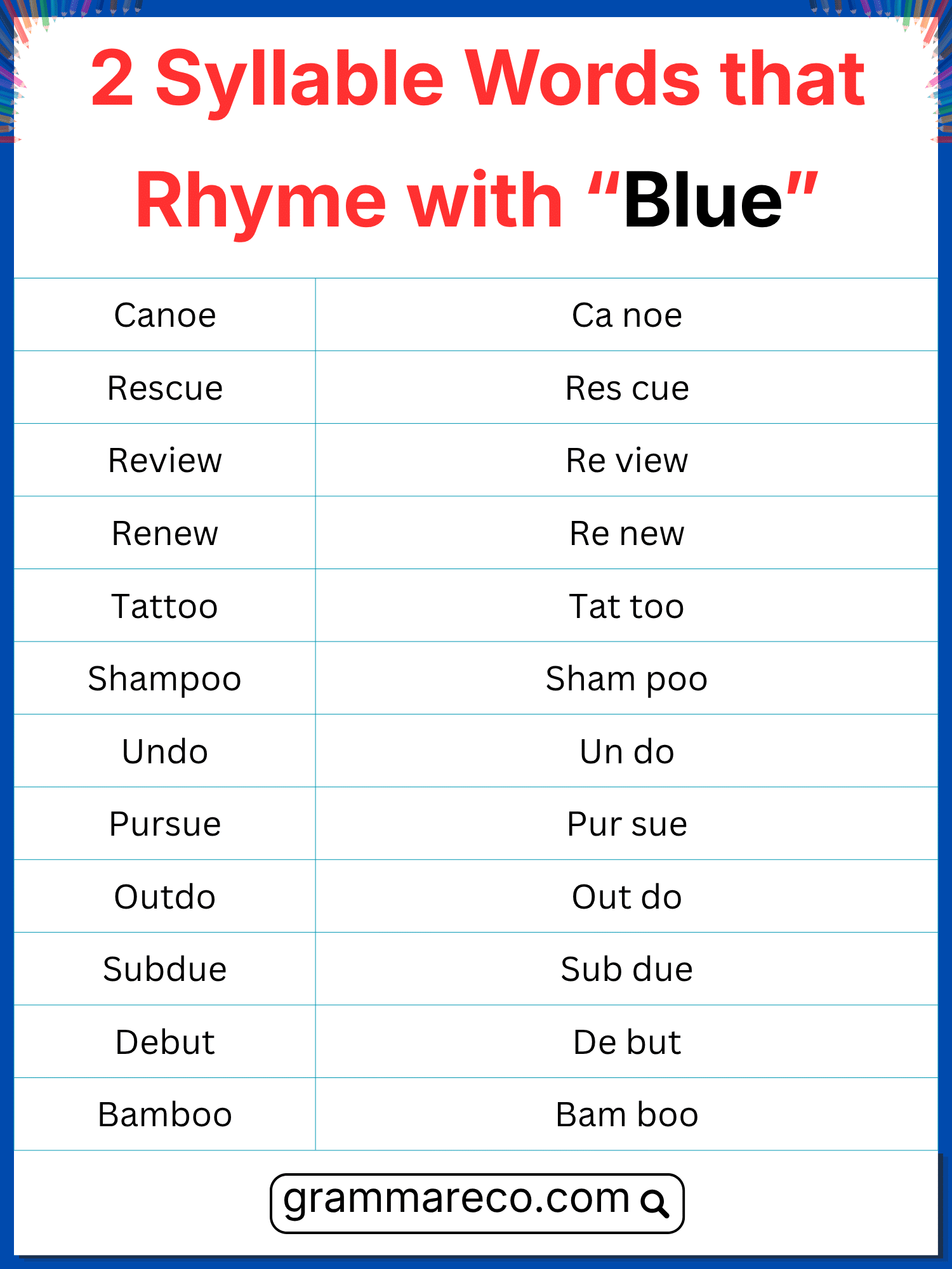 Two Syllable Word that Rhymes with Blue