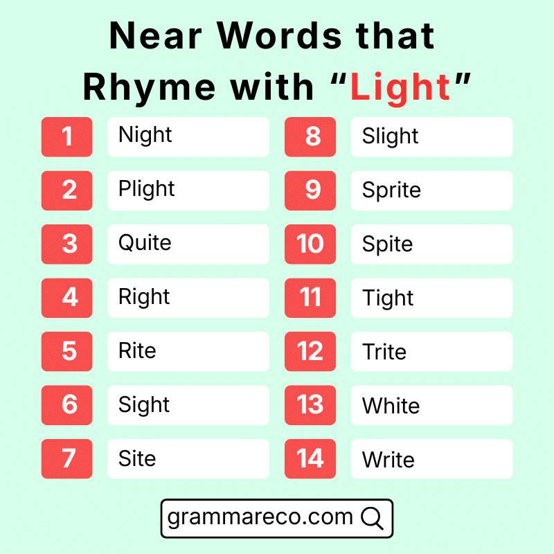 Near Rhyming Word List with Light in English