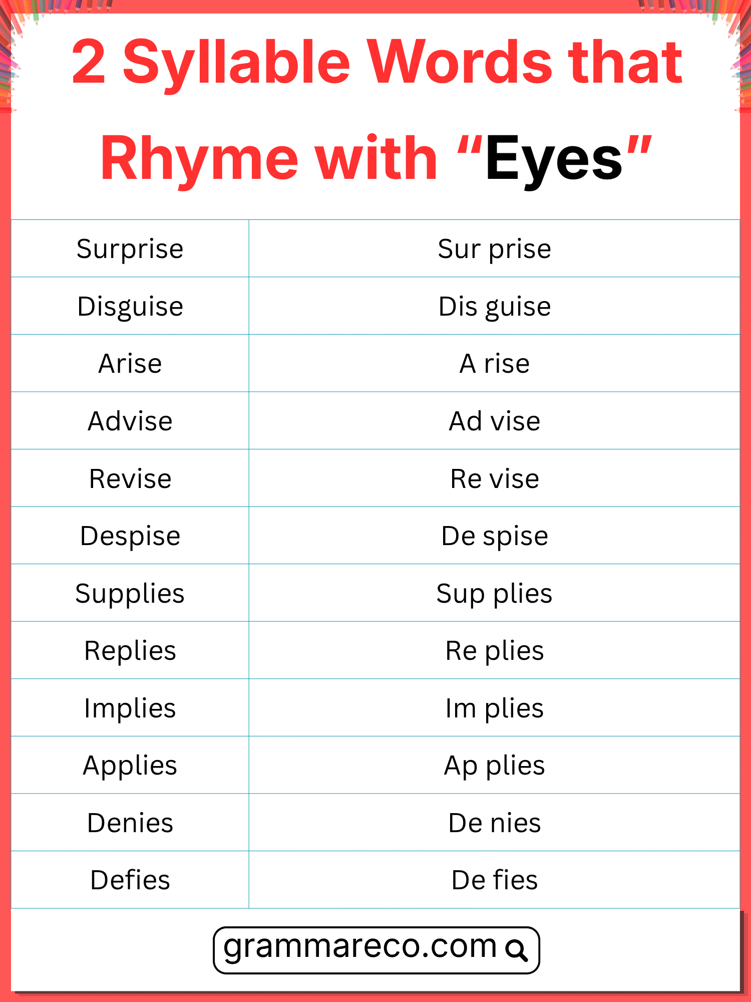Two Syllable Words that Rhyme with Eyes