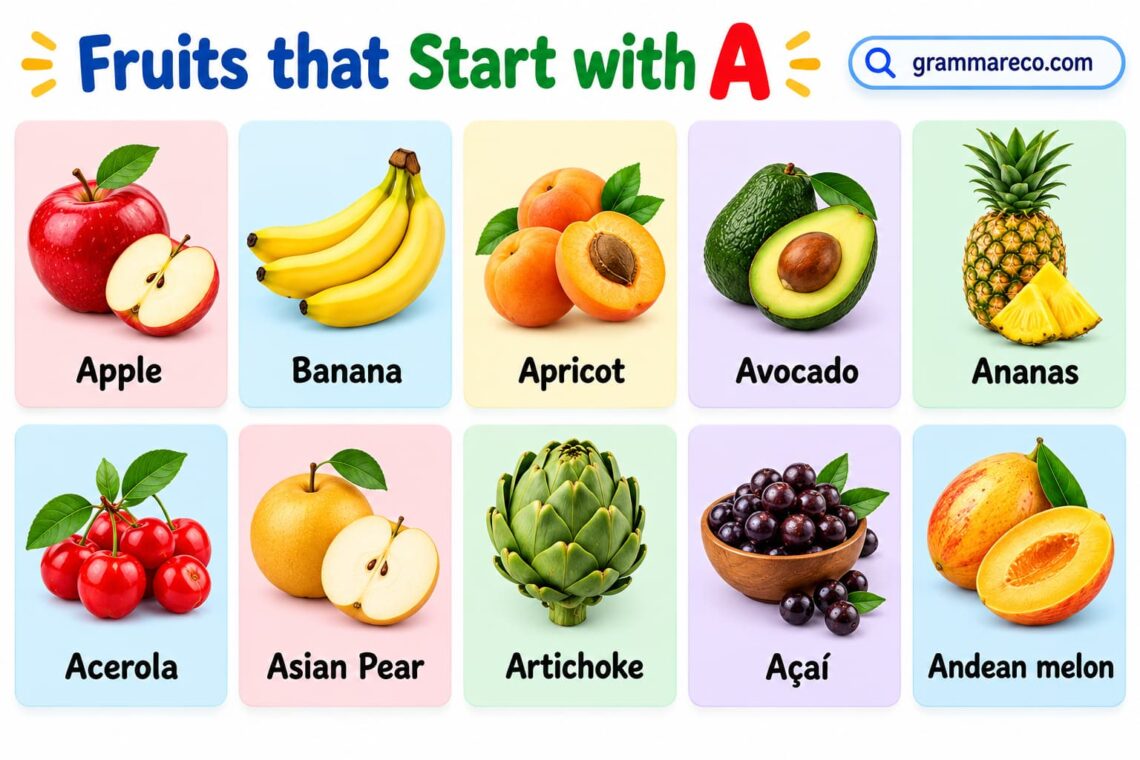 Sentence Begining Variety Examples List of 46 Fruits that Start with A with Pictures, Names | Grammareco.com